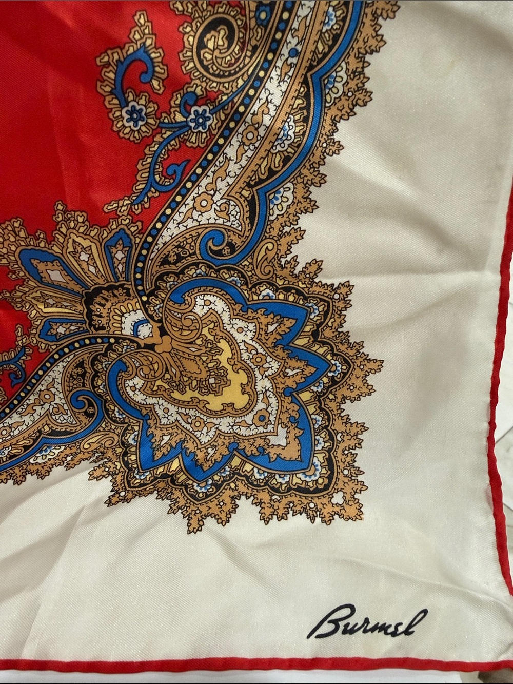 Burmel Signature Vintage 1960’s Paisley Silk Scarf 🧣 in Red, Blue & Gold